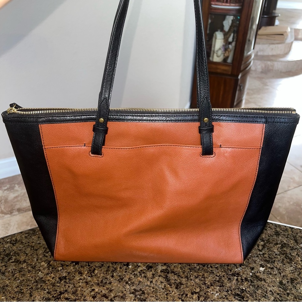 Two-Tone Leather Tote Bag - Black and Brown